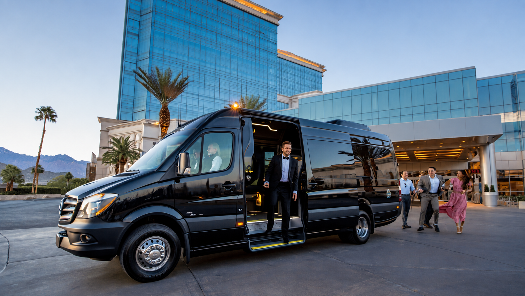 Black Mercedes Sprinter limo picking up guests at a hotel entrance