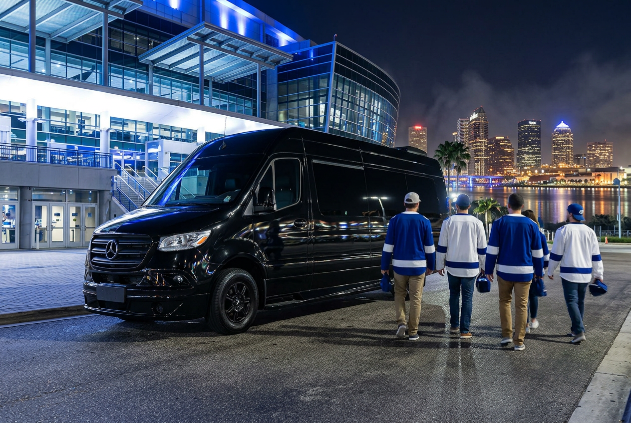 Hockey fans walking to the black Sprinter limo outside the downtown Tampa arena