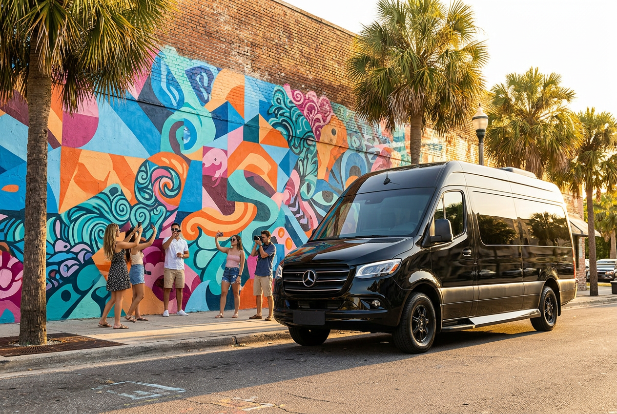 Friends photographing a colorful St. Pete mural beside the black Sprinter limo